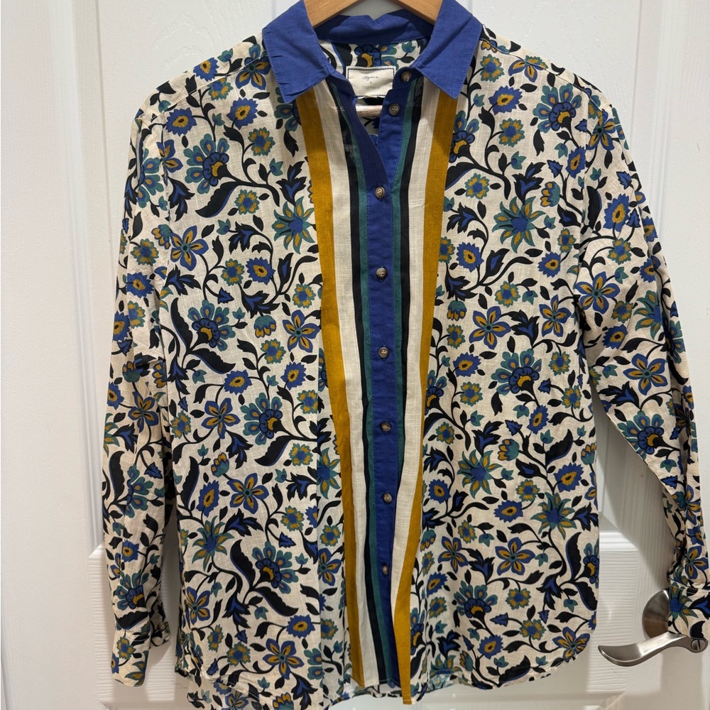 Sezane Floral Button Down Shirt - Blue and Yellow